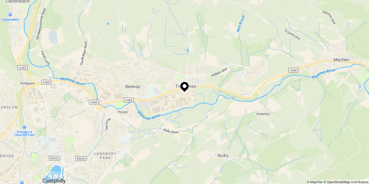 Approximate location of Ystrad Buildings, Trethomas, Caerphilly, CF83 8BT